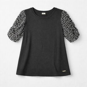 Anne Klein Women's Black Top Medium Ruched Sleeves Leaf Print Detail Casual...